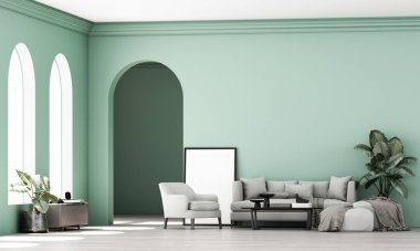 Parlak, modern bir oturma odası. Tarafsız mobilyalar, kemerli pencereler ve kapalı mekanlı bitkilerle iç mimari tarzı. Temiz bir estetik yaratıyor. Büyük pencereli ve yeşil duvarlı. 3d oluşturma.