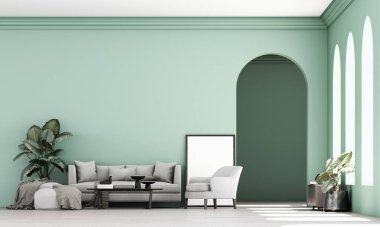 Parlak, modern bir oturma odası. Tarafsız mobilyalar, kemerli pencereler ve kapalı mekanlı bitkilerle iç mimari tarzı. Temiz bir estetik yaratıyor. Büyük pencereli ve yeşil duvarlı. 3d oluşturma.