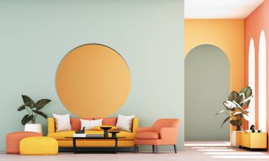 Parlak, modern bir oturma odası. Tarafsız mobilyalar, kemerli pencereler ve kapalı mekanlı bitkilerle iç mimari tarzı. Temiz bir estetik yaratıyor. Büyük pencereli ve pastel duvarlı. 3d oluşturma.