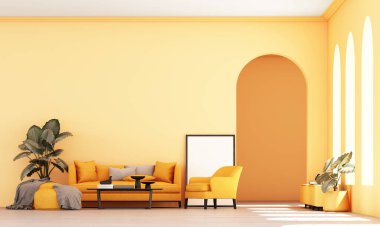 Parlak, modern bir oturma odası. Tarafsız mobilyalar, kemerli pencereler ve kapalı mekanlı bitkilerle iç mimari tarzı. Temiz bir estetik yaratıyor. Büyük pencereli ve sarı duvarlı. 3d oluşturma.