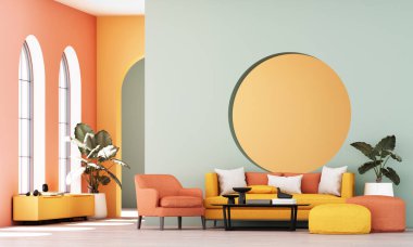 Parlak, modern bir oturma odası. Tarafsız mobilyalar, kemerli pencereler ve kapalı mekanlı bitkilerle iç mimari tarzı. Temiz bir estetik yaratıyor. Büyük pencereli ve pastel duvarlı. 3d oluşturma.