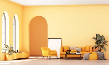Parlak, modern bir oturma odası. Tarafsız mobilyalar, kemerli pencereler ve kapalı mekanlı bitkilerle iç mimari tarzı. Temiz bir estetik yaratıyor. Büyük pencereli ve sarı duvarlı. 3d oluşturma.