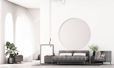 Minimal interior with grey sofa, circular wall cutout and sunlight streaming through sheer curtains for a tranquil mood. 3d rendering.