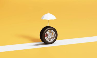Yoldaki beyaz bir şemsiyeyle korunan tek bir araba lastiği, güvenli ve endişesiz yolculuklara çıkmadan önce araç sigortası ve güvenlik durumunu sembolize eder. 3d oluşturma.