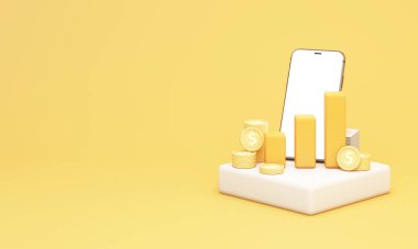 Akıllı telefon, yükselen barlar ve dijital finans, çevrimiçi yatırım ve modern zenginlik büyümesini sembolize eden bozuk paralarla mobil yatırım kavramı. 3d oluşturma.