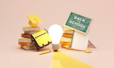 Eğitim ve öğrenim kavramı parlayan ampulle, istiflenmiş kitaplarla ve okula geri dönerek akademik ilerlemeyi, yaratıcılığı ve gelecekteki başarıyı, asgari stili, 3D canlandırmayı temsil ediyor..