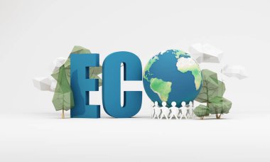 Çevre koruma kavramının sürdürülebilirliği ve sürdürülebilirliği ECO metni, dünya, ağaçlar ve birlik kağıt zinciri ile yeşil gezegeni, koruma ve iklim değişikliği farkındalığını, 3d sunan insanlar.