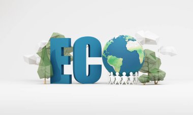 Çevre koruma kavramının sürdürülebilirliği ve sürdürülebilirliği ECO metni, dünya, ağaçlar ve birlik kağıt zinciri ile yeşil gezegeni, koruma ve iklim değişikliği farkındalığını, 3d sunan insanlar.