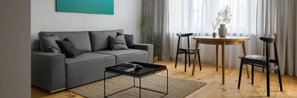 Panorama Små Och Eleganta Vardagsrum Med Grå Soffa Svart Soffbord — Stockfoto