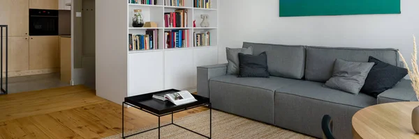 Panorama Apartment Kitchen White Bookcase Stylish Living Room Pine Wood — Stock Photo, Image