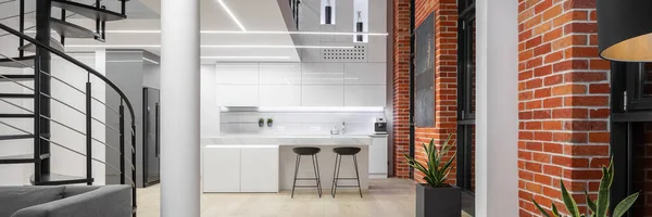 Panorama Spazioso Appartamento Stile Loft Con Cucina Bianca Mattoni Rossi — Foto Stock