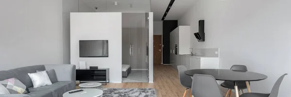 Panorama Moderno Projetado Apartamento Plano Aberto Com Corredor Cozinha Sala — Fotografia de Stock