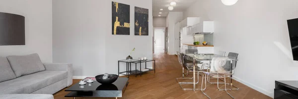 Panorama Der Geräumigen Und Modernen Wohnung Mit Holzboden Und Wohnzimmer — Stockfoto