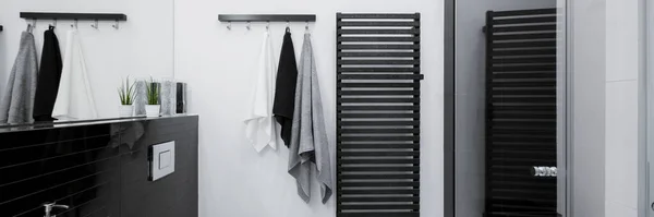 Πανόραμα Από Απλό Μαύρο Και Άσπρο Εσωτερικό Μπάνιο Διακοσμητικό Μαύρο — Φωτογραφία Αρχείου