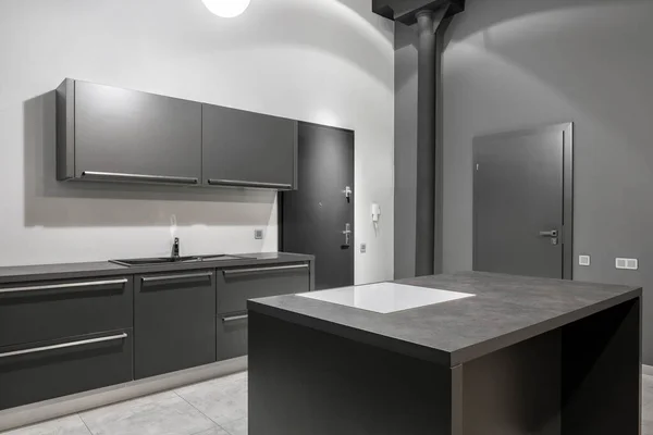 Simple kitchen interior with stylish gray cupboards, countertops and drawers and white and gray walls