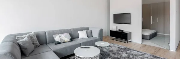 Panorama of big, gray corner sofa with two white coffee tables and carpet in modern living room with tv and bedroom behind glass doors