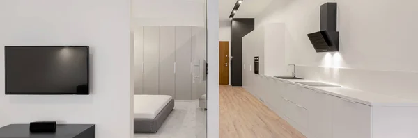 Panorama Espacioso Apartamento Blanco Con Dormitorio Detrás Puertas Vidrio Cocina —  Fotos de Stock