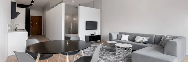 Panorama of modern open plan apartment, with kitchen, dining area and living room with tv in one room and bedroom behind glass doors