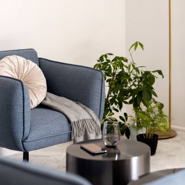 Dekoratif gri yastıklı modern mavi koltuğun ve yeşil çiçekli oturma odasının köşesindeki battaniyenin yakın çekimi.