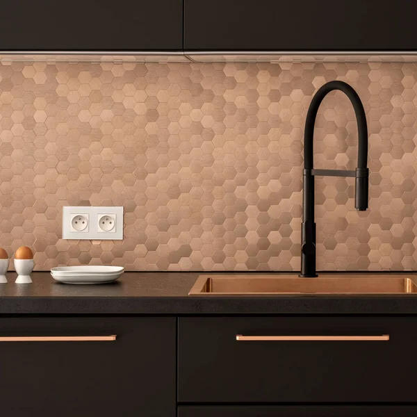 Close Elegant Kitchen Black Countertop Cupboards Drawers Tap Copper Sink — Stock Photo, Image