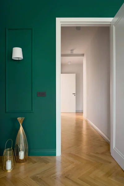 Geräumige Wohnung Flur Mit Smaragdgrünen Wand Weißen Türen Holzboden Und — Stockfoto