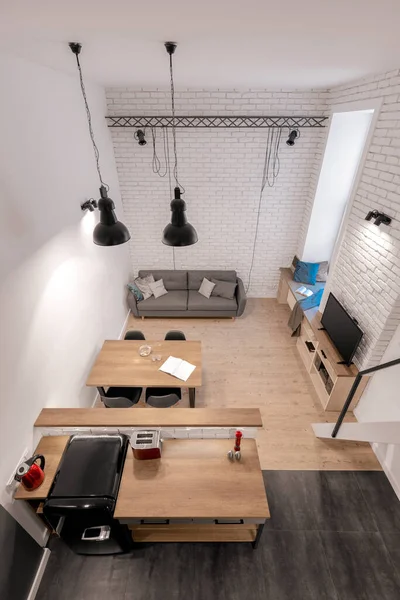 Bovenaanzicht Van Loft Appartement Met Open Keuken Naar Woonkamer Met — Stockfoto