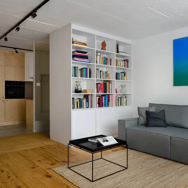 松の木の床と天井にコンクリートを露出したスタイリッシュなリビングルームの大きな白い本棚 — ストック写真