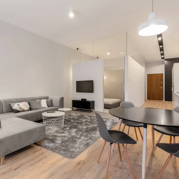 Elegante Apartamento Tipo Loft Con Sala Estar Con Comedor Dormitorio —  Fotos de Stock