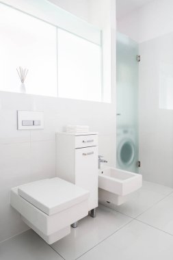 Minimalist ve işlevsel banyo, beyaz fayanslar, kare tuvalet, bide ve buzlu cam kapıların arkasında çamaşır makinesi.