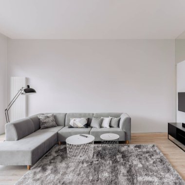 Köşedeki kanepesi, iki sehpası ve tüylü halısı olan, beyaz ve gri renkli geniş bir oturma odası.