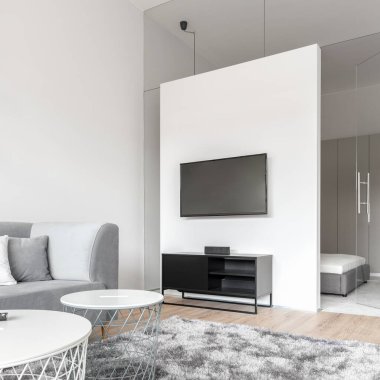 Büyük televizyon ekranı siyah büfenin üstünde, beyaz duvarda oturma odasında tüylü gri halılı.