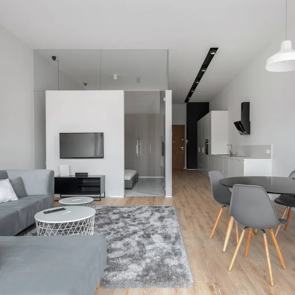 Geräumige Und Modern Gestaltete Loft Wohnung Mit Küche Esstisch Und — Stockfoto
