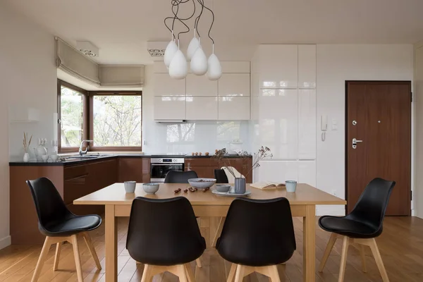 Big Wooden Dining Table Six Black Chairs Spacious Kitchen White — Stock Photo, Image