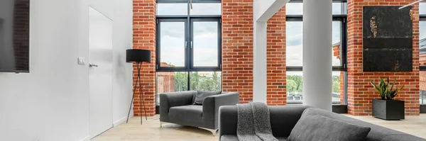 Helles Und Modernes Wohnzimmer Stilvoller Loft Wohnung Mit Ziegelwänden Und — Stockfoto