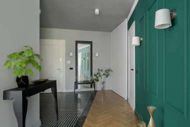 Şık yeşil duvarlı geniş apartman koridoru, modern, siyah konsol masası, büyük ayna ve altın süslemeler.