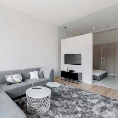 Rahat, gri köşeli kanepe iki sehpa ve modern halı ile parlak oturma odasında televizyon ekranı ve dekoratif cam duvarın arkasında yatak odası