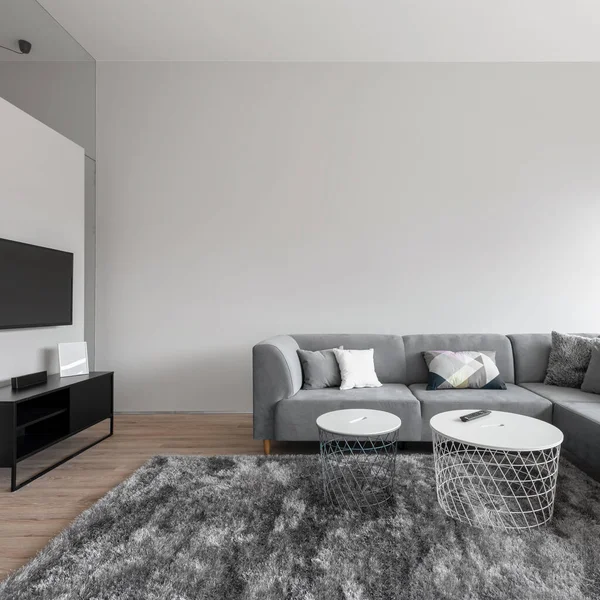 Simple and elegant living room with gray and white walls, corner sofa, modern coffee tables, big tv screen with black sideboard and stylish gray fluffy carpet