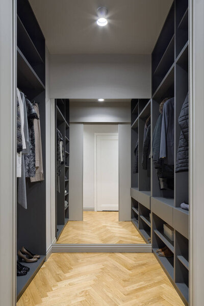 Spacious walk in closet with mirror wall, ceiling light and wooden floor