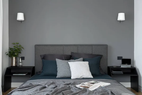 Dormitorio Sencillo Elegante Con Pared Gris Cómoda Cama Con Cabecero — Foto de Stock