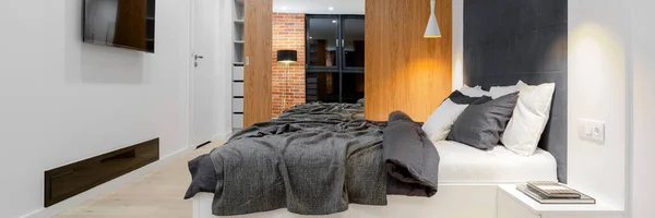 Panorama Modern Comfortable Loft Style Bedroom Big Bed Wardrobe Wooden — Stock Photo, Image