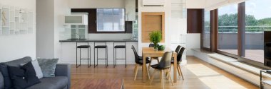 Pencere duvarı ve mutfağı yemek masalı oturma odasına açık olan geniş ve şık bir apartman manzarası.