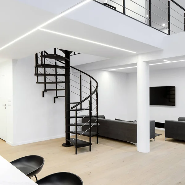 两层宽敞的阁楼式公寓 内饰黑色螺旋形楼梯 白色墙壁 木制地板和有导引的天花板灯 — 图库照片