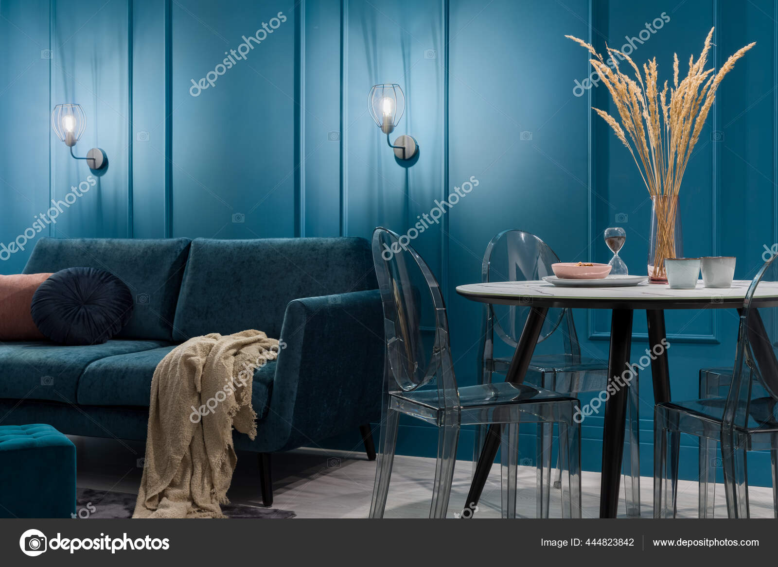 Nice Light Stylish Living Room Elegant Sofa Amazing Blue Walls