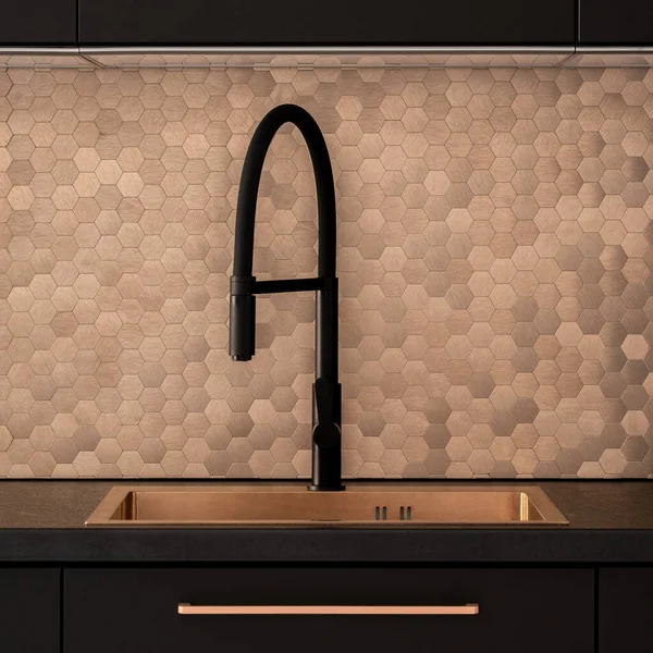 Close Elegant Kitchen Black Faucet Copper Hexagonal Wall Tiles Copper — Stock Photo, Image