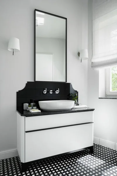 Armário Lavatório Elegante Com Espelho Banheiro Com Janela Azulejos Piso — Fotografia de Stock