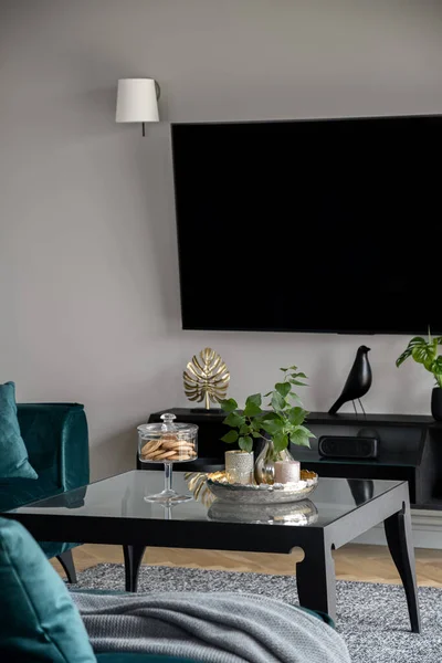 Mooi Ingerichte Woonkamer Met Groot Televisiescherm Zwart Dressoir Stijlvolle Glazen — Stockfoto