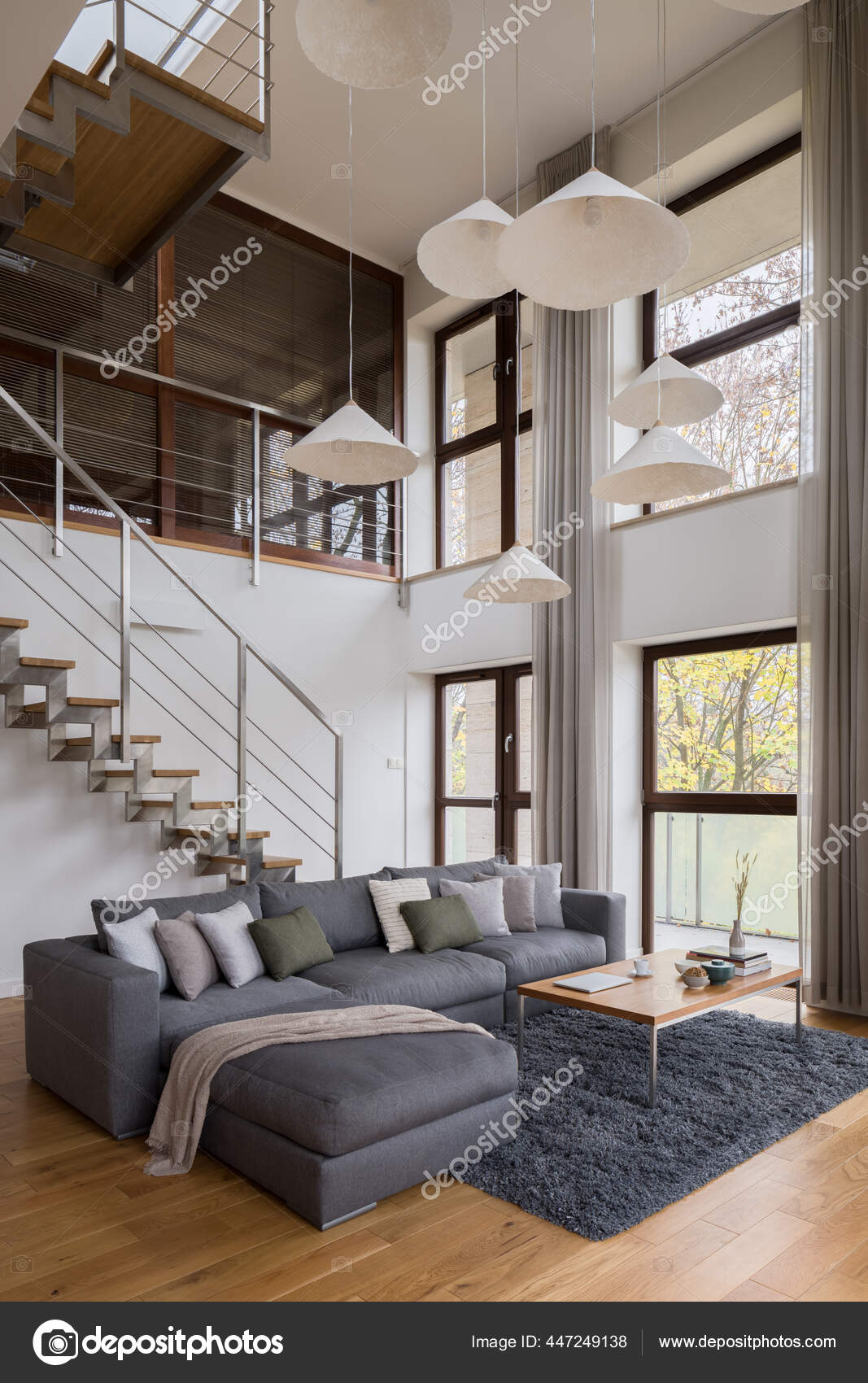 Stylish Living Room Big Sofa Many Windows Stairs Amazing Two Stock