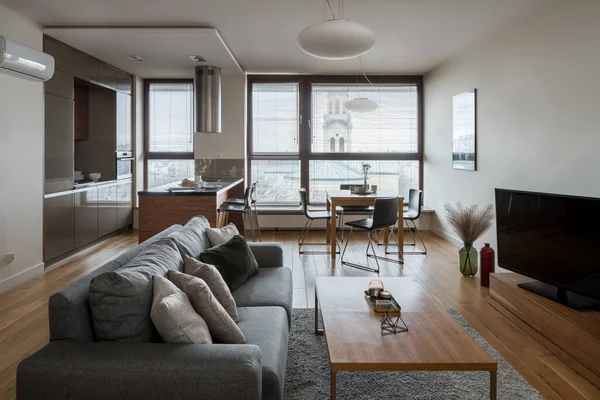 Apartamento Pequeño Confortable Con Grandes Ventanales Sala Estar Cocina Comedor — Foto de Stock