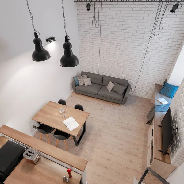 Bovenaanzicht Van Moderne Woonkamer Open Naar Keuken Kleine Loft Appartement — Stockfoto