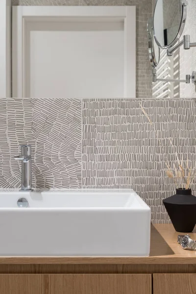 Close Classic White Washbasin Wooden Cabinet Decorations Modern Bathroom Stylish — Stock Photo, Image
